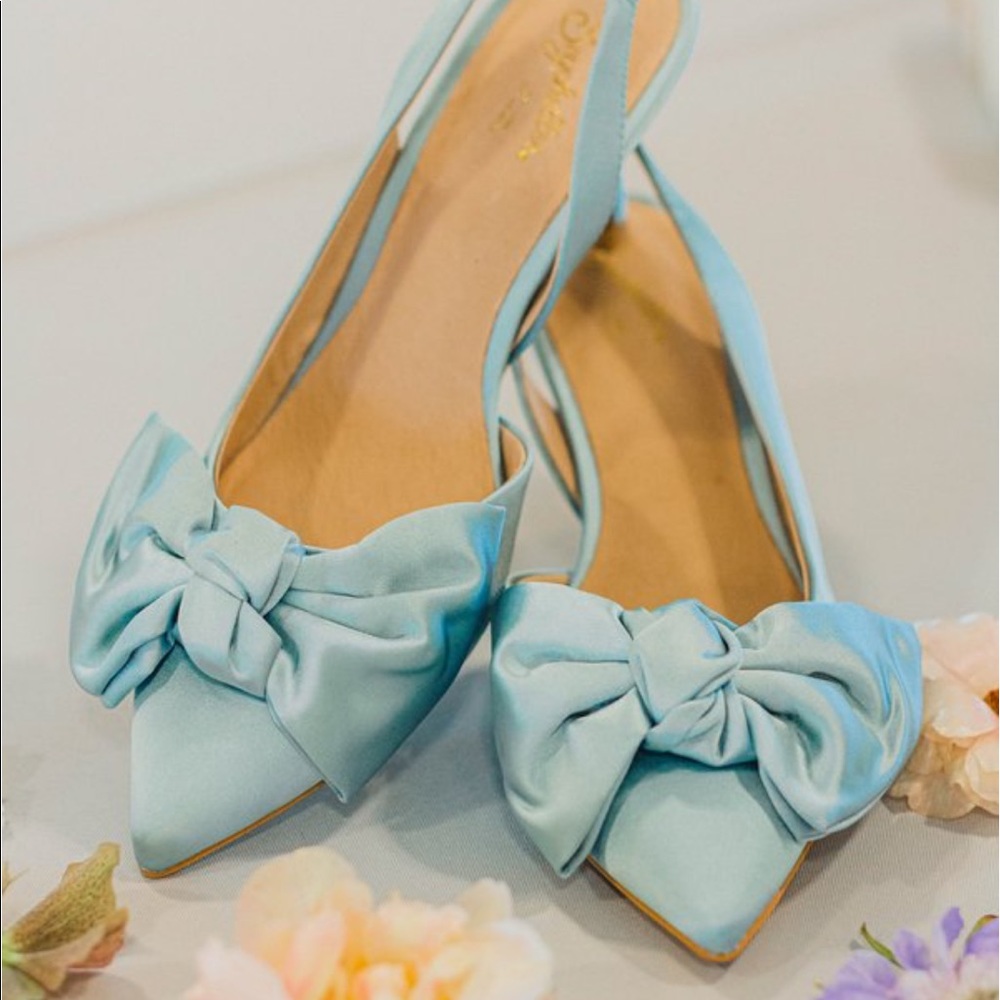 Seychelles misty blue satin bow heels